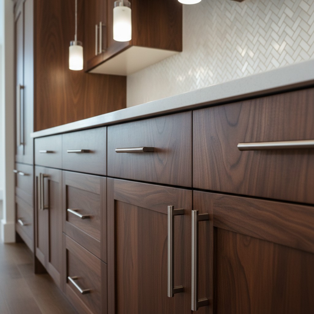 A modern kitchen with dark wood cabinets and white countertops.