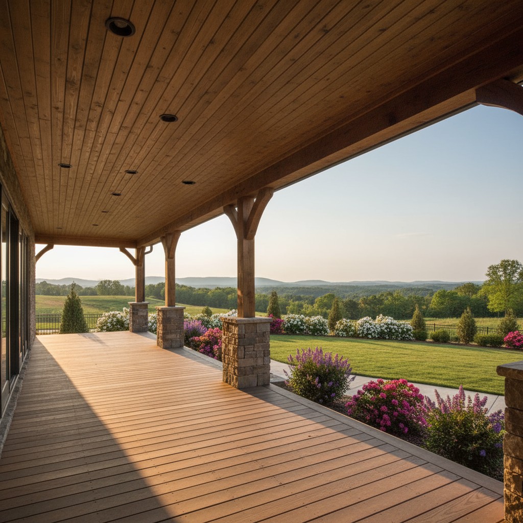 a large porch on the side of a house overlooking a green field with flowers.